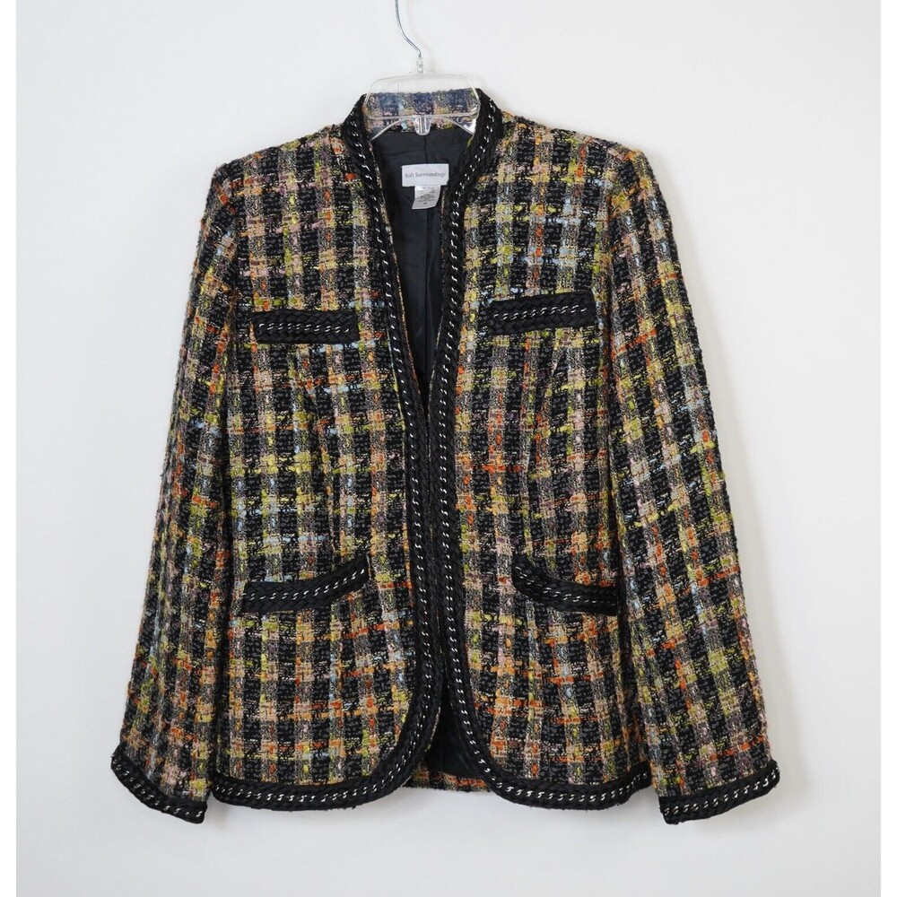 Soft Surroundings Blazer M Multi Tweed Long Jacket Braided Chain Classic Style